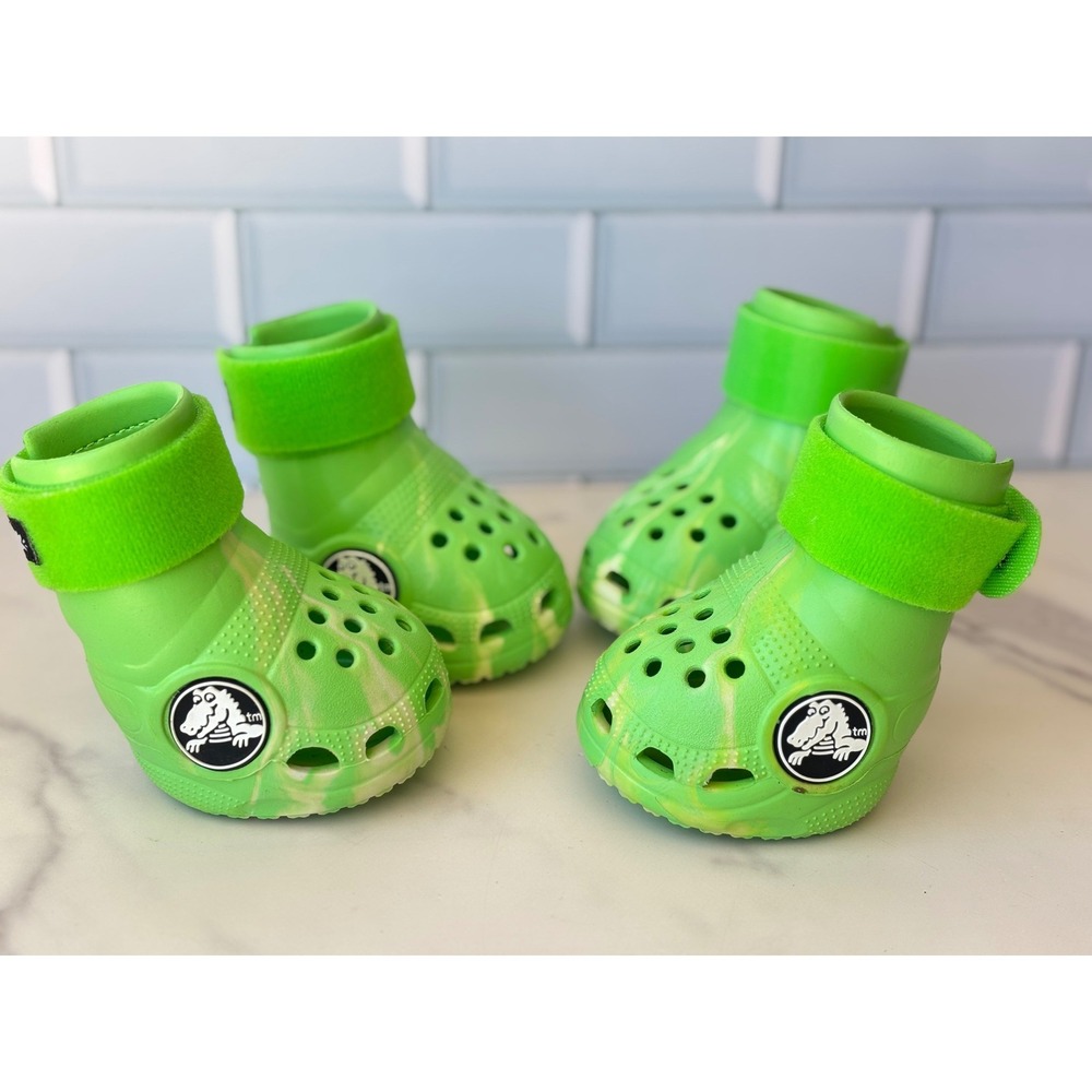 Bark x Crocs Pet Dog Boots Neon Green Marble Swirl Paw Wear Shoes Size Large 4pc